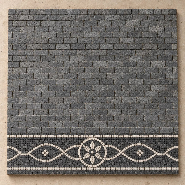 strada 25x25 cm costruita con basolato 2x1 cm e sanpietrini in pietra lavica 4x4 mm.