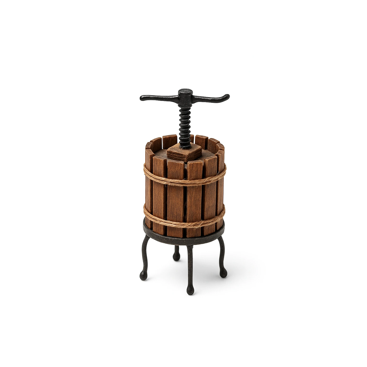 Torchio artigianale in miniatura in legno e metallo, dimensioni 2x5 cm
