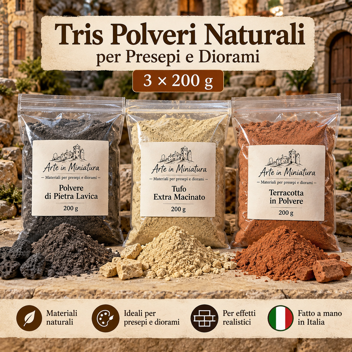 Tris Polveri Naturali 3 x 200 g per presepi e diorami