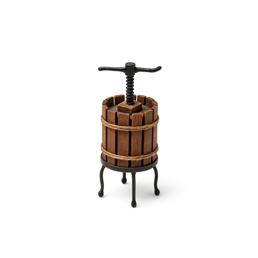 Torchio artigianale in miniatura in legno e metallo, dimensioni 2x5 cm