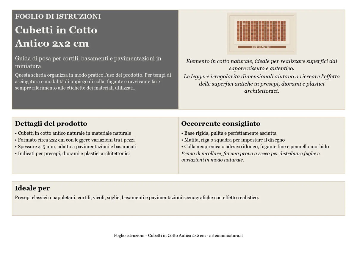 Istruzioni per la posa dei cubetti in cotto antico 2x2 cm