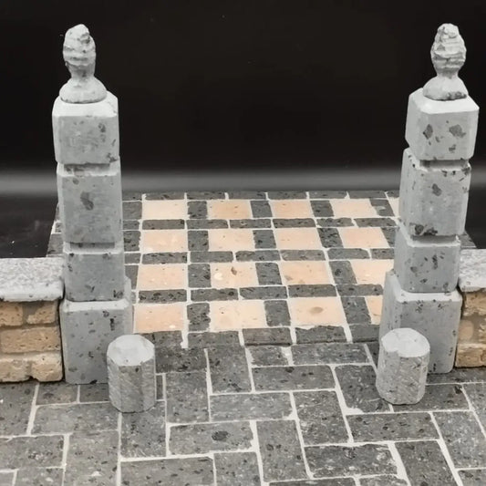 piloni d’ingresso in pietra lavica lavorata a mano per presepi e diorami monumentali