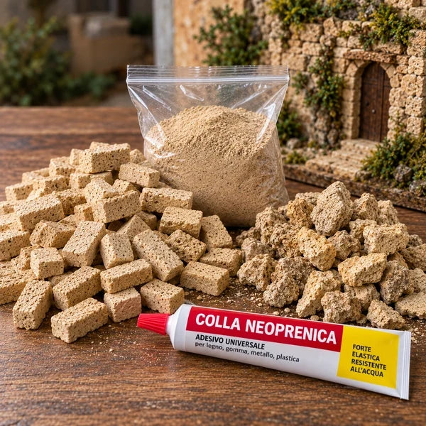 Set Muro Antico in Tufo per presepi e diorami con 250 blocchetti, 50 elementi irregolari, tufo macinato e colla neoprenica