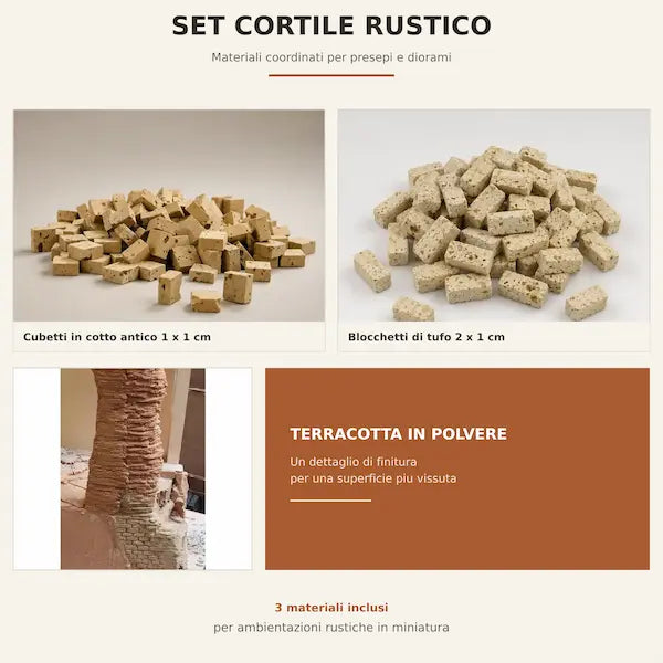 Set Cortile Rustico con cotto antico, blocchetti di tufo e terracotta in polvere per presepi e diorami